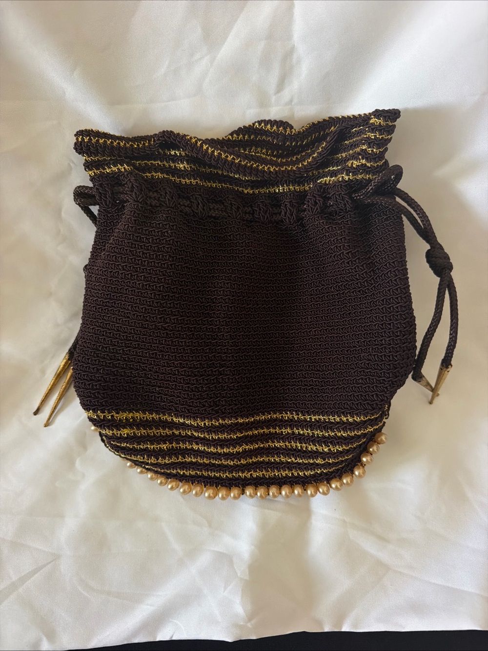 Handcrafted Brown Crochet Mini Drawstring Bag with Gold Trim